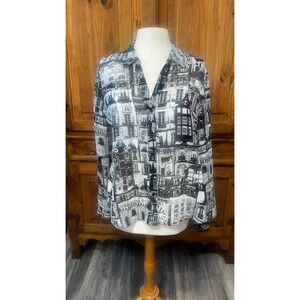 Chico's Women Black White Cityscape Building Print Button Down Blouse Size 2